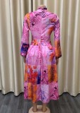 Purple Floral Print Turtleneck Long Sleeves A-line Long Dress with Belt