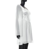 White Chiffon Silk Patchwork Square Collar Flare Sleeves Mini Dress