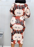 Red O-Neck 3/4 Sleeves Floral Print Sheath Long Dress with Belt