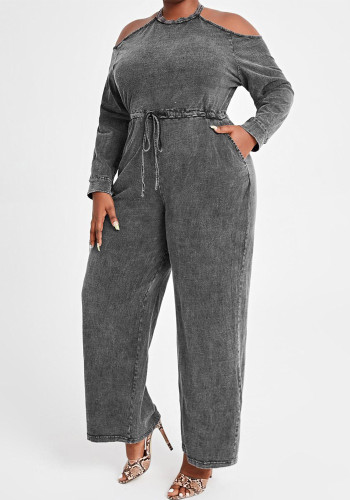 Plus Size Grey O-Neck Long Sleeves Tunic Denim Jumpsuit with Pocket