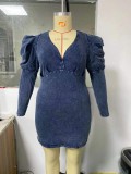 Plus Size Dk-Blue V-Neck Puff Long Sleeves Mini Denim Dress