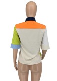 Nude Turndown Collar Half Sleeves Color Block Blouse with Pocket