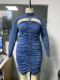 Plus Size Blue Turtleneck Long Sleeves Denim Capelet and Cami Midi Dress 2PCS Set