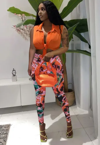 Orange Turndown Collar Sleeveless Crop Top and Print Pants 2PCS Set