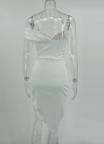 White Silk Cami Halter Single Sleeve Irregular Midi Dress