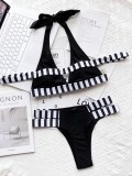 Black Halter Striped Print Lace Up Sexy Bikini Swimwear