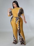 Plus Size Print Patchwork Yellow Half Sleeves Wide Leg Jumpsuit with Belt