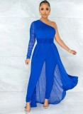 Blue Mesh One Shoulder Long Sleeves Ripped Jumpsuit with Belt