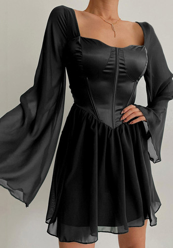 Black Chiffon Silk Patchwork Square Collar Flare Sleeves Mini Dress