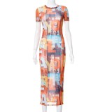 Print O-Neck Short Sleeves Bodycon Maxi Dress