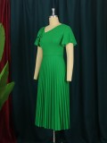 Green Short Sleeves Ruffles Pleated Midi Dress