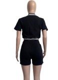 Black Stand Collar Short Sleeves Short Baseball Jacket and Shorts 2PCS Set