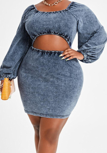 Plus Size Blue Square Collar Long Sleeves Keyhole Mini Denim Dress