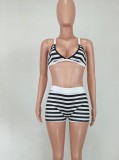 Striped Print White and Black Cami Sleeveless Bra and Tight Shorts 2PCS Set