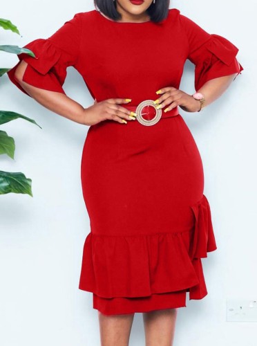 Red O-Neck Half Sleeves Ruffles Slim Fit Midi Dress