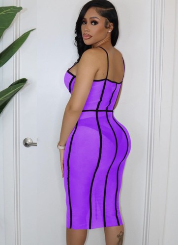 Purple Stripe Print Mesh See Through Cami Sleeveless Skinny Midi Dress