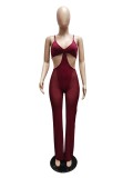 Burgunry V-Neck Sleeveless Patchwork Mesh Cut Out Cami Jumpsuit