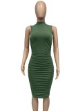 Green Turtleneck Sleeveless Ruched Skinny Midi Dress