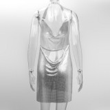 Silver Shiny Metallic Halter Sleeveless Split Mini Dress
