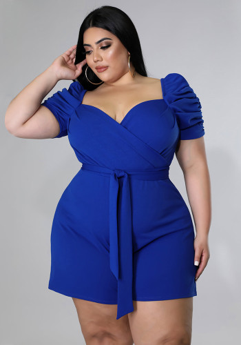 Plus Size Blue Sweetheart Puff Short Sleeves Jumpsuit with Belt