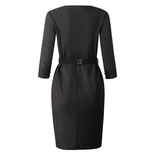 Black V-Neck 3/4 Sleeves Slit Sheath Midi Dress with Belt