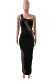 Black One Shoulder Sleeveless Patchwork Lace Up Slinky Maxi Dress