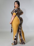 Plus Size Print Patchwork Yellow Half Sleeves Wide Leg Jumpsuit with Belt