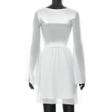 White Chiffon Silk Patchwork Square Collar Flare Sleeves Mini Dress