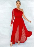 Red Mesh One Shoulder Long Sleeves Ripped Jumpsuit with Belt