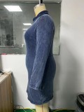 Plus Size Dk-Blue Turndown Collar Long Sleeves Zip Up Mini Denim Dress