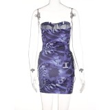 Purple Print Strapless Bustier Top and Lace Up Mini Skirt 2PCS Set