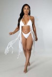 Plus Size White Fringe Cami Halter Bikini Two Piece Set