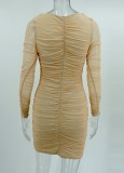 Beige Square Neck Long Sleeves Ruched Mini Fitted Dress