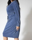 Plus Size Blue O-Neck Long Sleeves Denim Top and High Waist Midi Skirt 2PCS Set