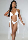 Plus Size White Fringe Cami Halter Bikini Two Piece Set