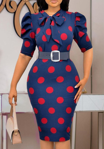 Red Dot Print Blue Bow Half Sleeves Belted Slinky Midi Dress