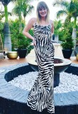 Zebra Print White Chiffon Cami Sleeveless Backless Maxi Dress