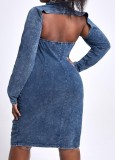 Plus Size Blue Turtleneck Long Sleeves Denim Capelet and Cami Midi Dress 2PCS Set