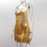 Gold Shiny Metallic Halter Sleeveless Split Mini Dress