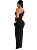 Black One Shoulder Sleeveless Patchwork Lace Up Slinky Maxi Dress