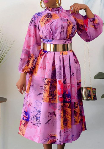 Purple Floral Print Turtleneck Long Sleeves A-line Long Dress with Belt