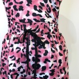 Pink Leopard Print Sleeveless Tank Top and Pocket Shorts 2PCS Set