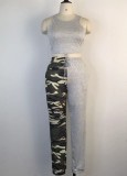 Grey O-Neck Sleeveless Tank Crop Top and Pocket Camo Pants 2PCS Set