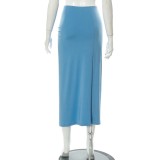 Blue Mid Waist High Slit Long Skirts