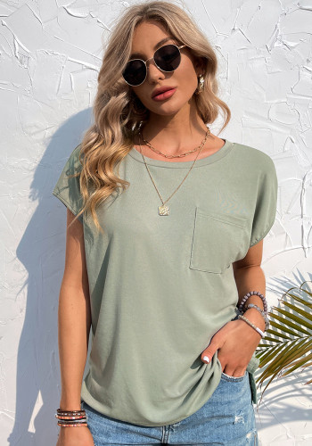 Green O-Neck Short Sleeves Tee with Pocket