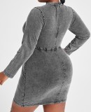 Plus Size Grey Round Neck Long Sleeves Lace Up Mini Denim Dress