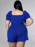 Plus Size Blue Sweetheart Puff Short Sleeves Jumpsuit with Belt