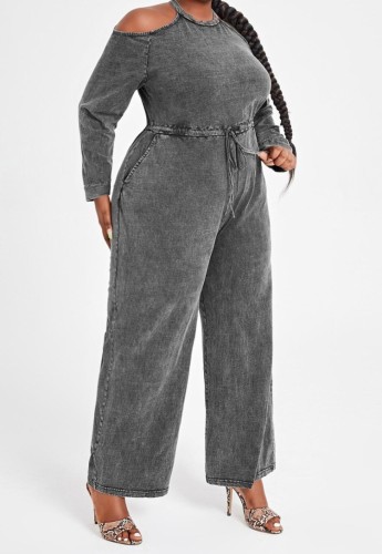 Plus Size Grey O-Neck Long Sleeves Tunic Denim Jumpsuit with Pocket