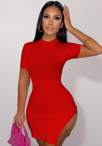 Red O-Neck Short Sleeves Slit Mini Fitted Dress
