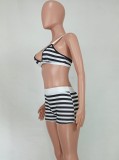 Striped Print White and Black Cami Sleeveless Bra and Tight Shorts 2PCS Set